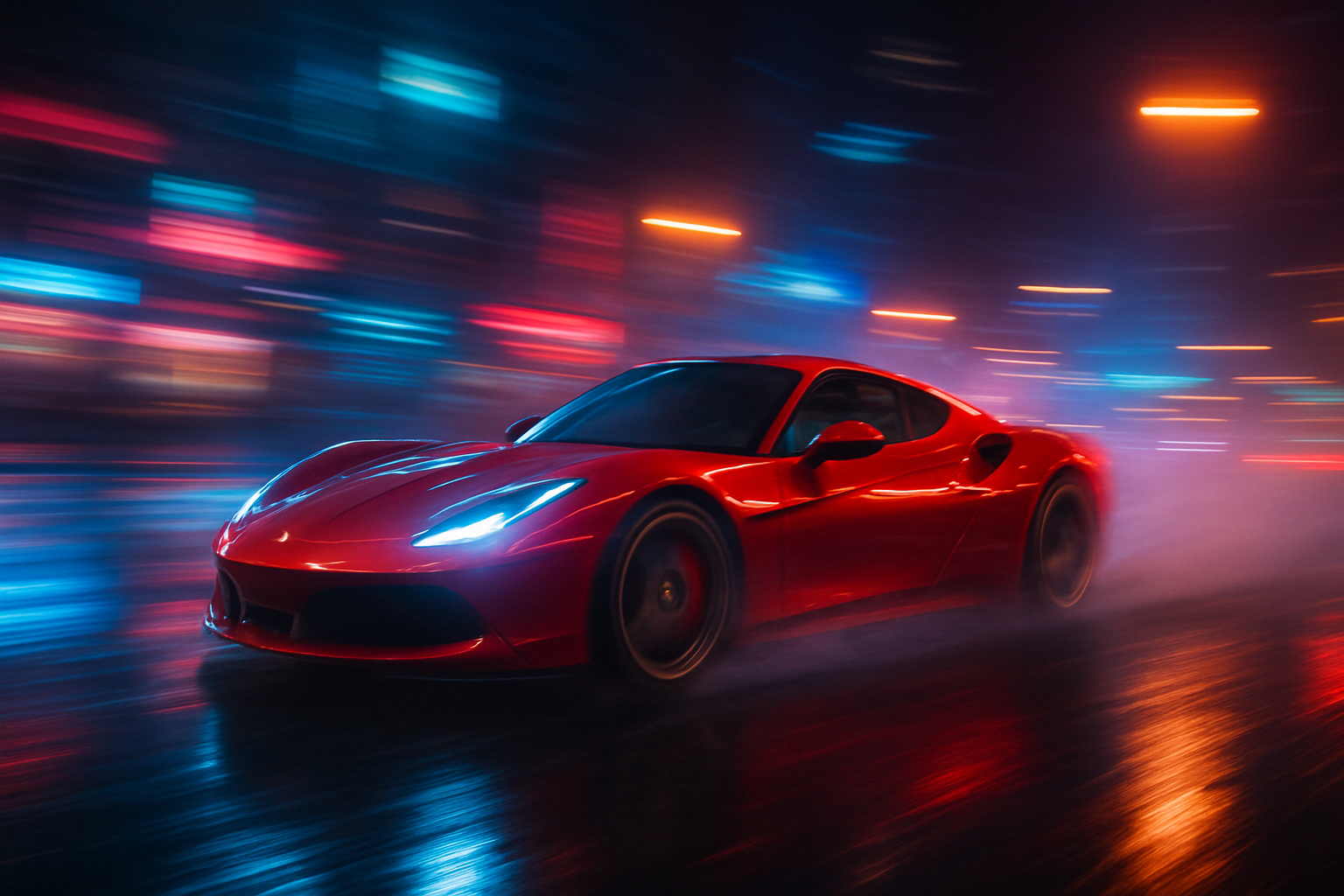 A sleek, red, high-performance sports car drifting sideways on a wet, neon-lit city street at night.