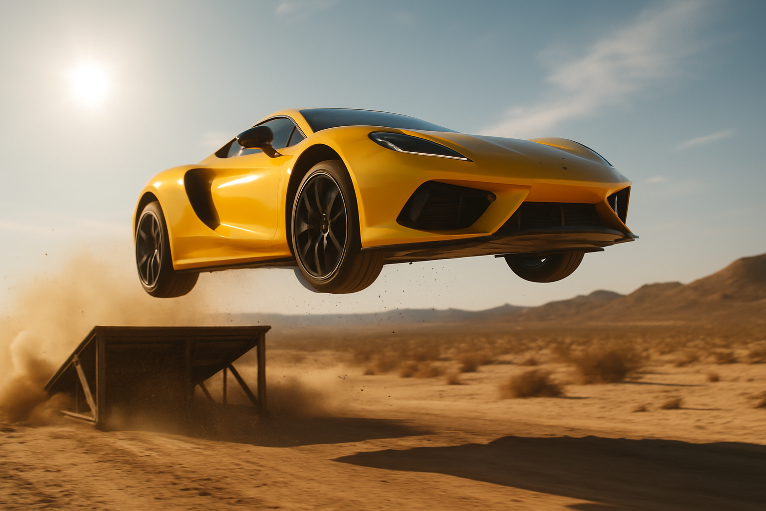 A dynamic, low-angle shot of a bright yellow supercar mid-air, jumping over a ramp in a vast, sun-drenched open-world desert environment.