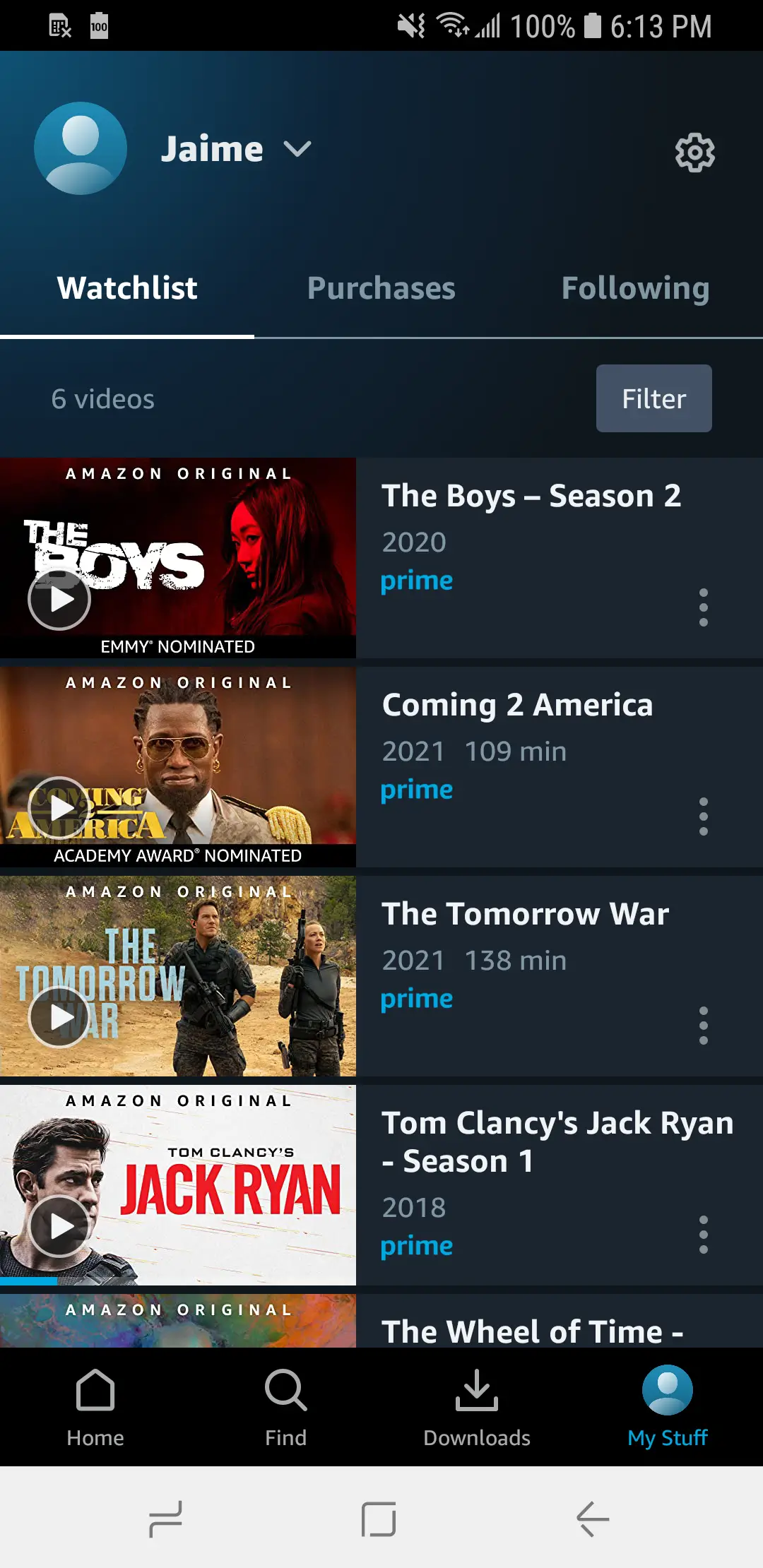 Screenshot of the Watchlist or Profile interface in the Amazon Prime MOD APK.