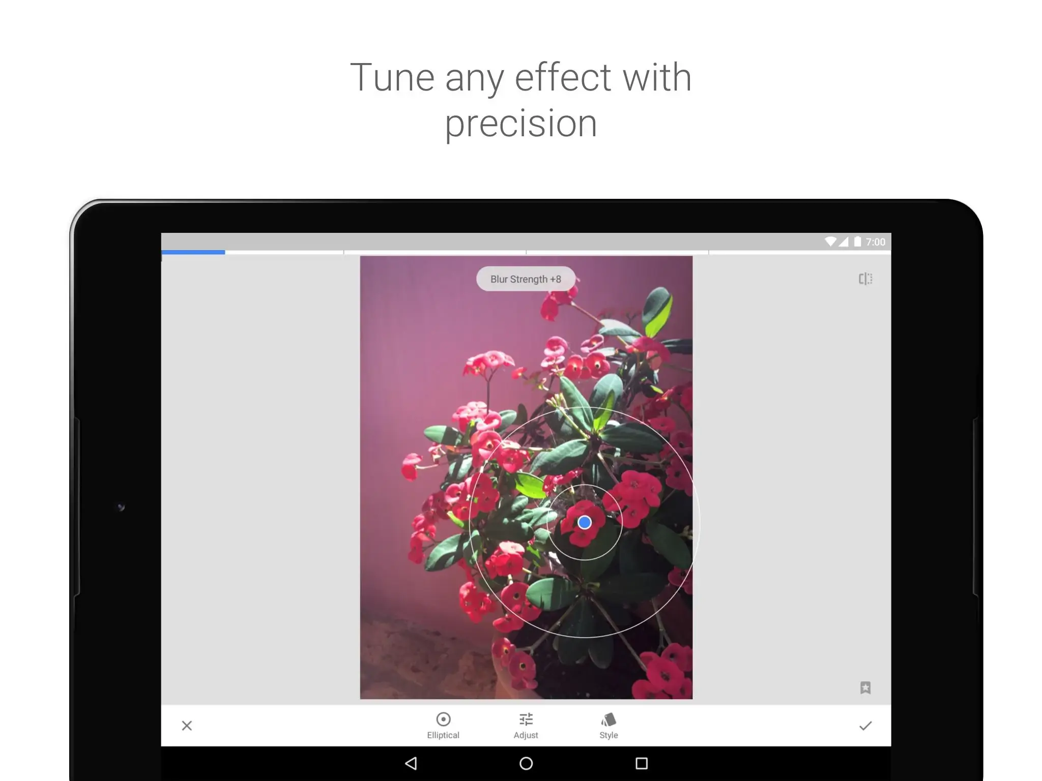 Screenshot of Snapseed interface showing precision editing tools
