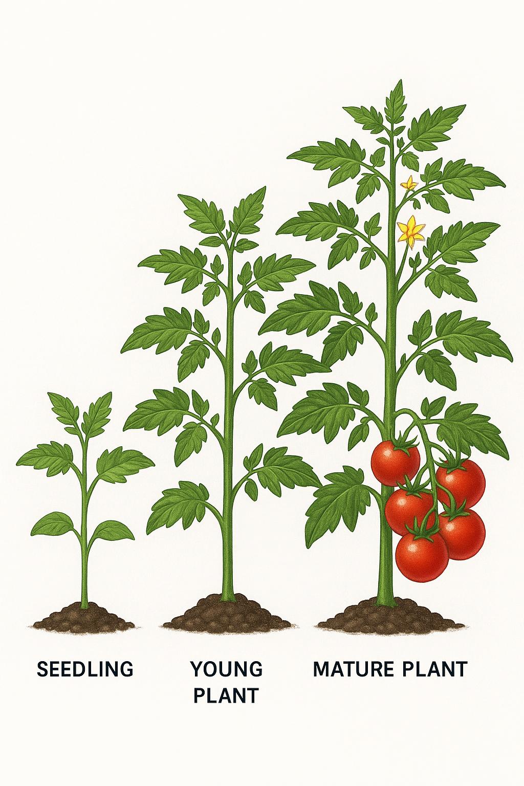 Side-by-side comparison of three tomato plant growth stages from seedling to mature plant with red tomatoes, showing progression over time, white background with labels, scientific agricultural documentation style, healthy green plants at different development phases, educational presentation