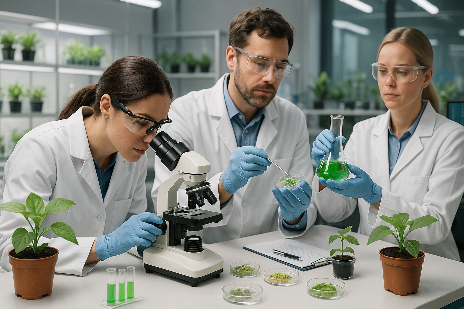 A team of agricultural researchers in a lab, symbolizing the innovation and expertise behind Zorvex.