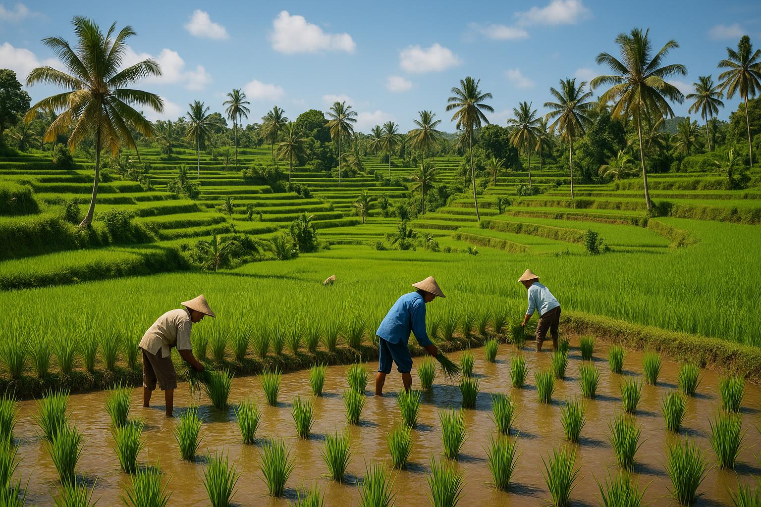 Indonesian rice paddy field with green rice plants, traditional terraced farming landscape, tropical agricultural setting, farmers working in the field, palm trees in background, sunny tropical weather, Southeast Asian farming culture, lush green vegetation, authentic Indonesian agriculture