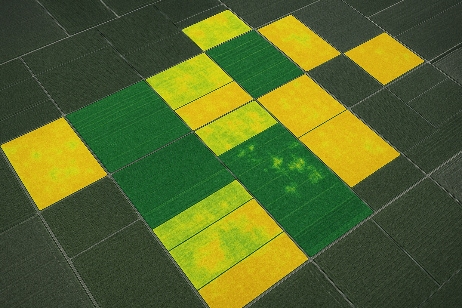 Satellite view of agricultural land with data overlay, illustrating the use of remote sensing in modern agriculture.
