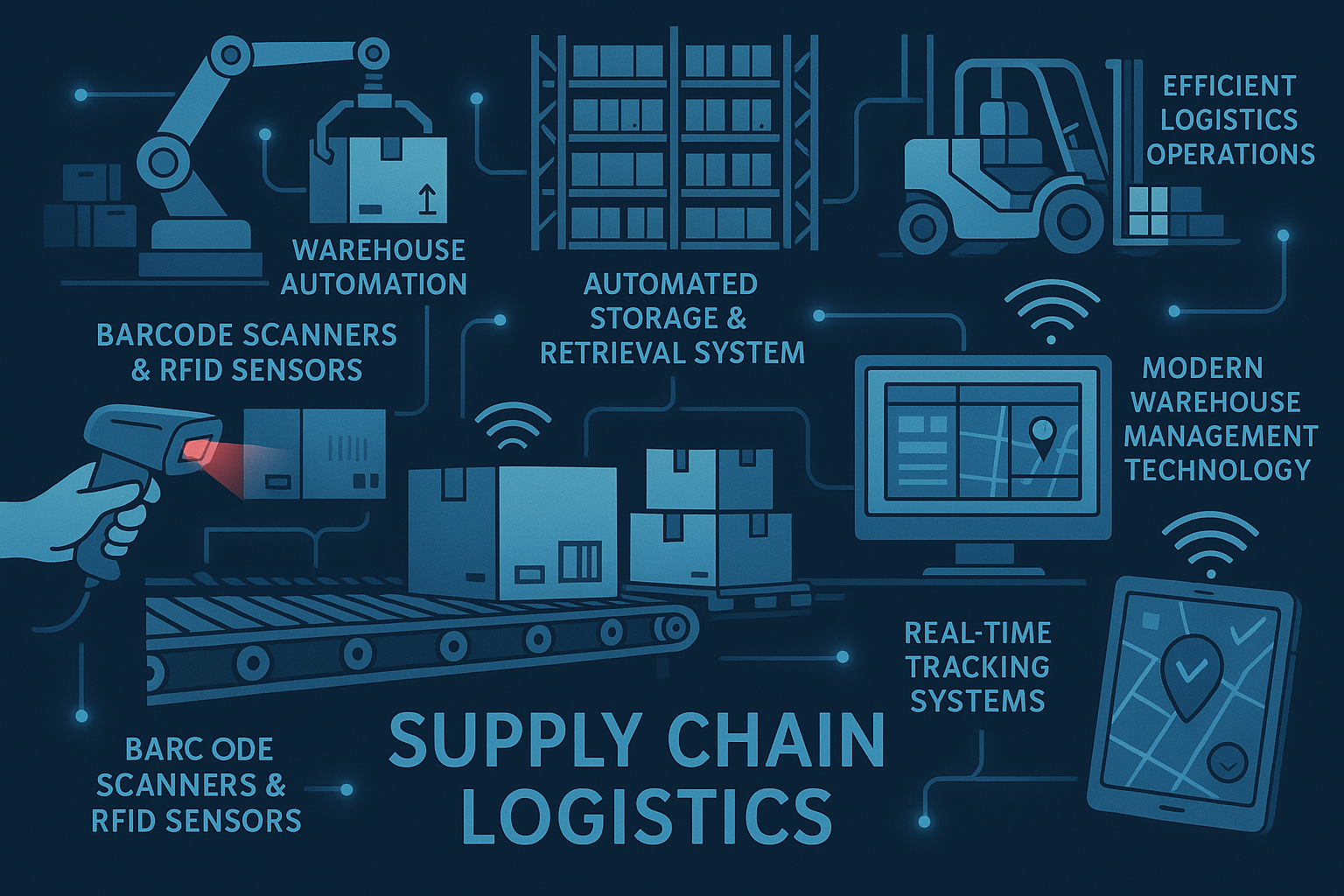 Image of supply chain logistics visualization with warehouse automation.