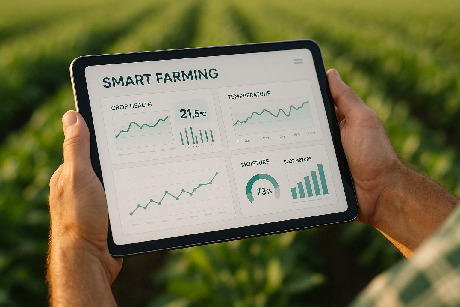 A farmer using a tablet with a smart farming dashboard, demonstrating the accessibility of data and analytics.