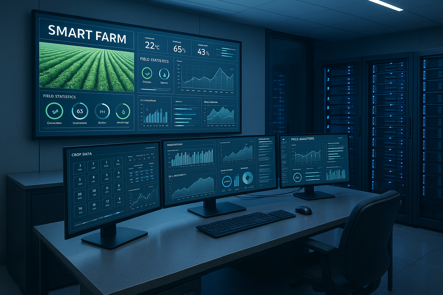 A futuristic smart farm control room with multiple digital screens displaying real-time crop data.