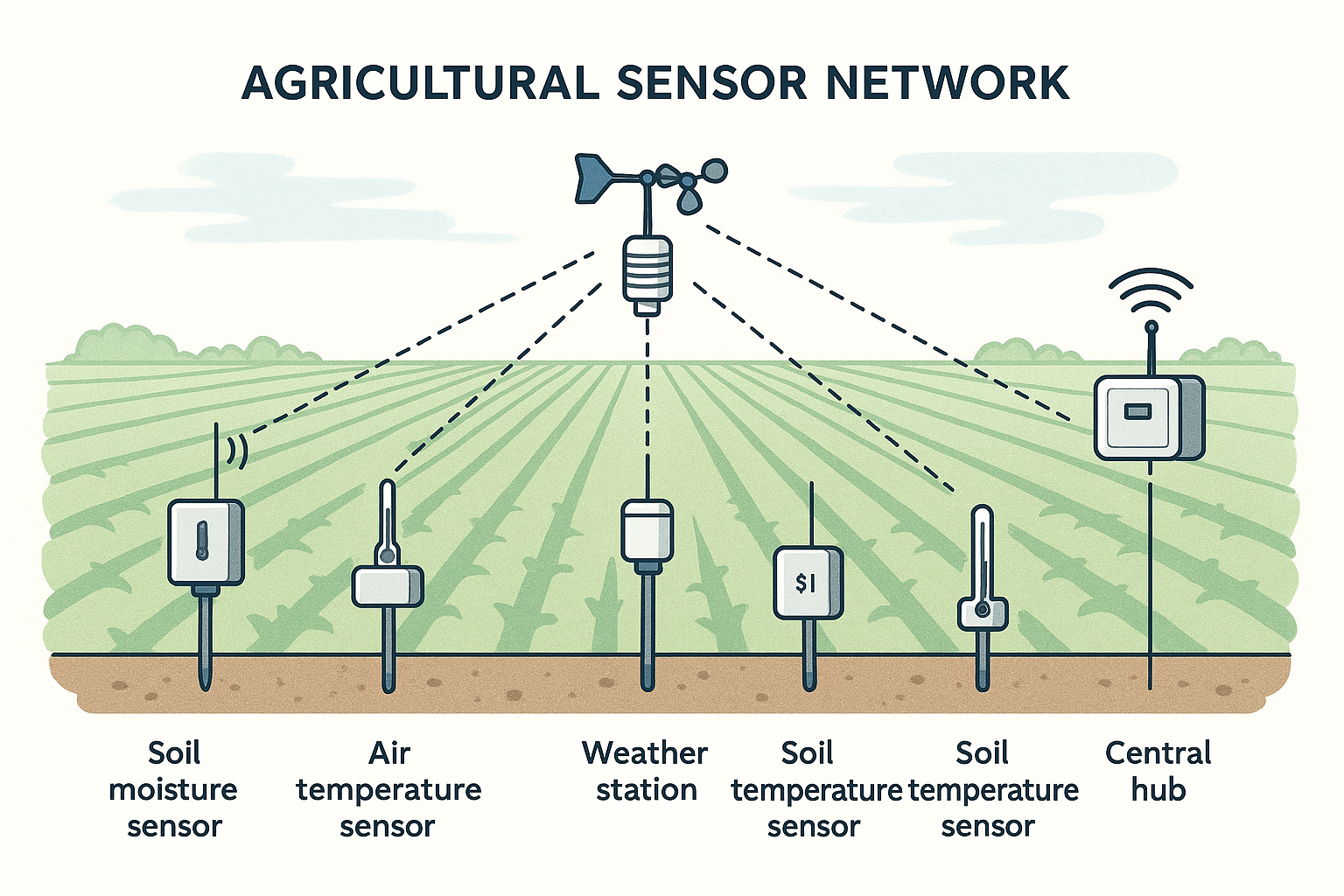 A diagram of an agricultural sensor network, illustrating how interconnected sensors communicate.