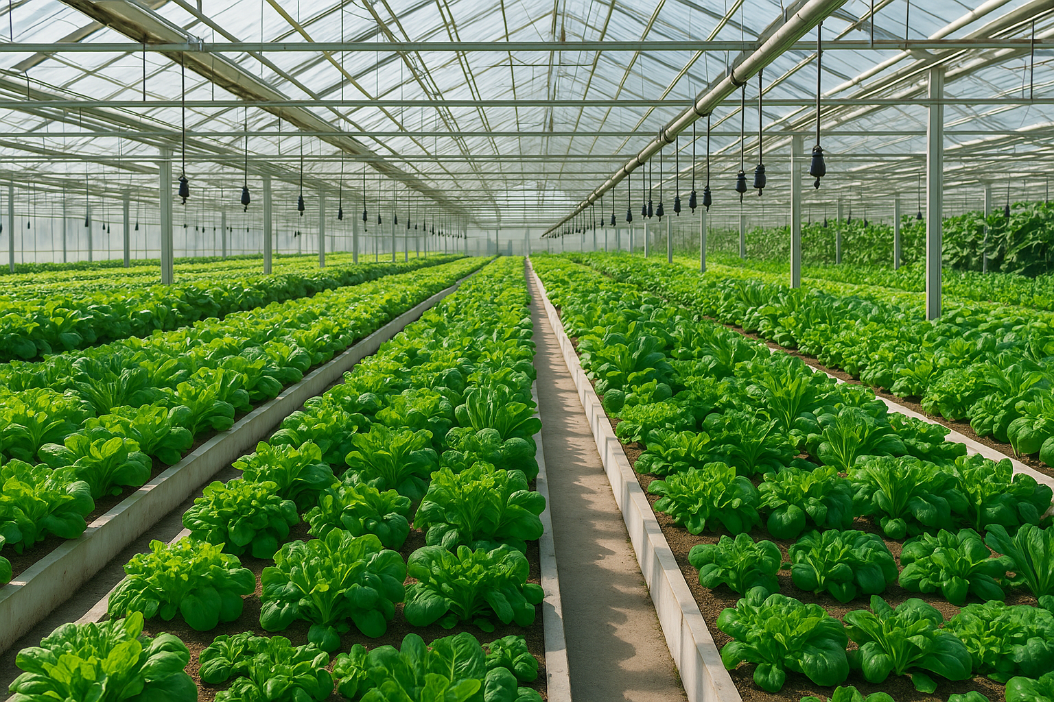 A modern greenhouse interior with rows of healthy green lettuce and vegetables growing under controlled conditions.