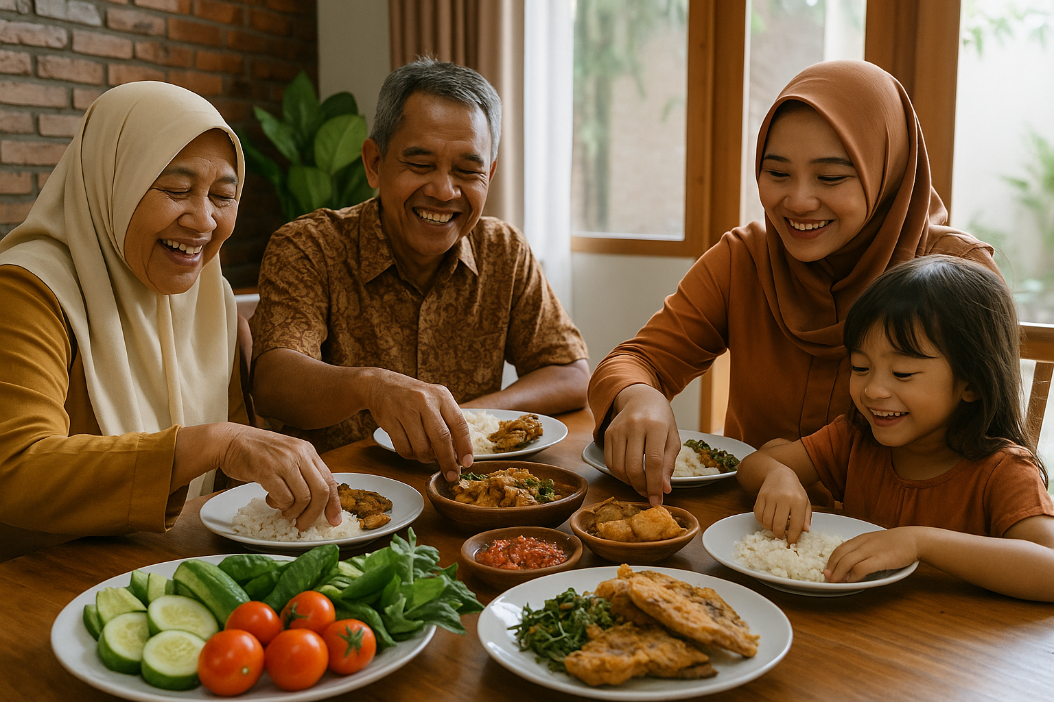 Keluarga Indonesia yang sedang menikmati makan bersama dengan bahagia