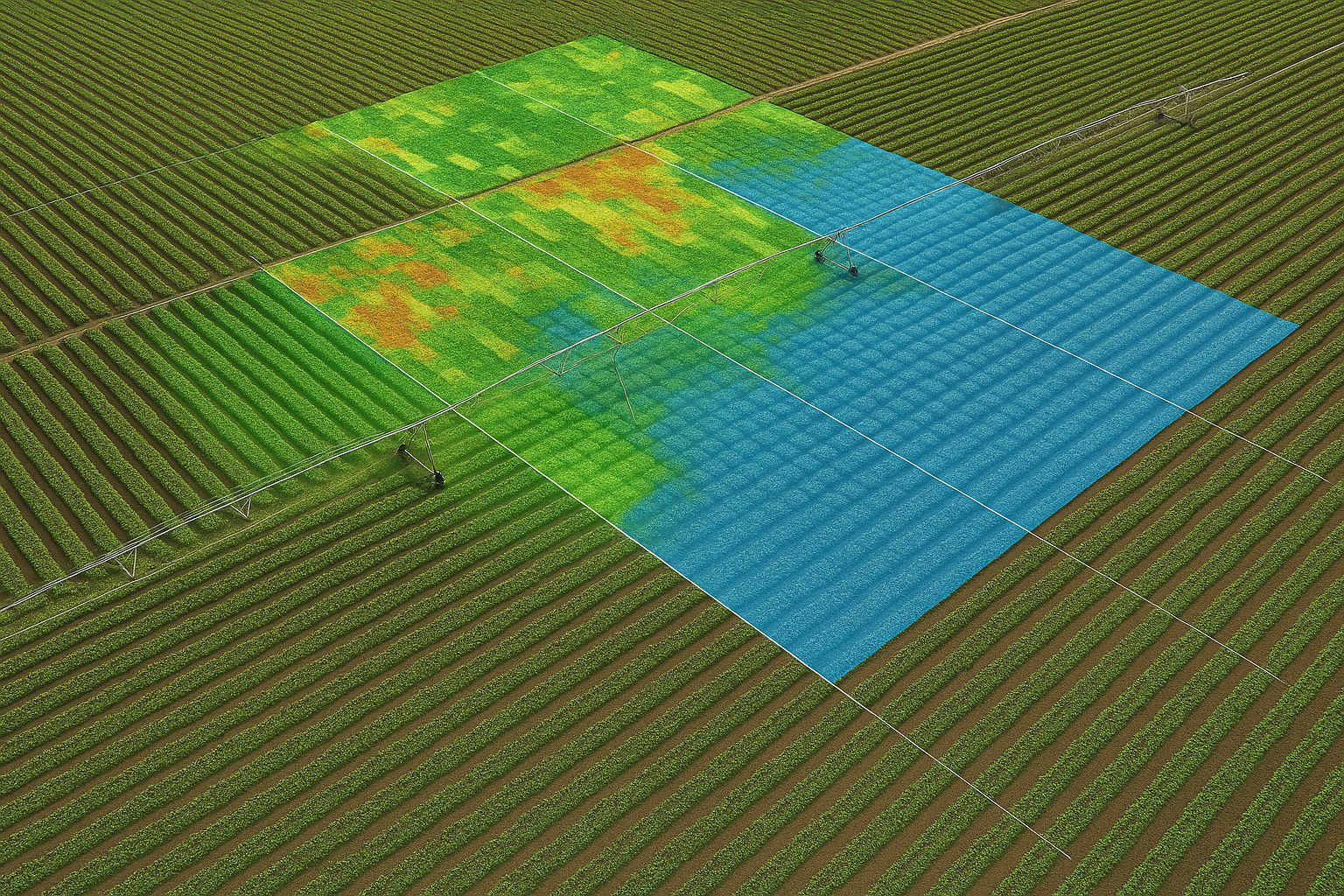 An aerial drone view of a large-scale precision agriculture farm with organized crop rows and satellite imagery overlay.