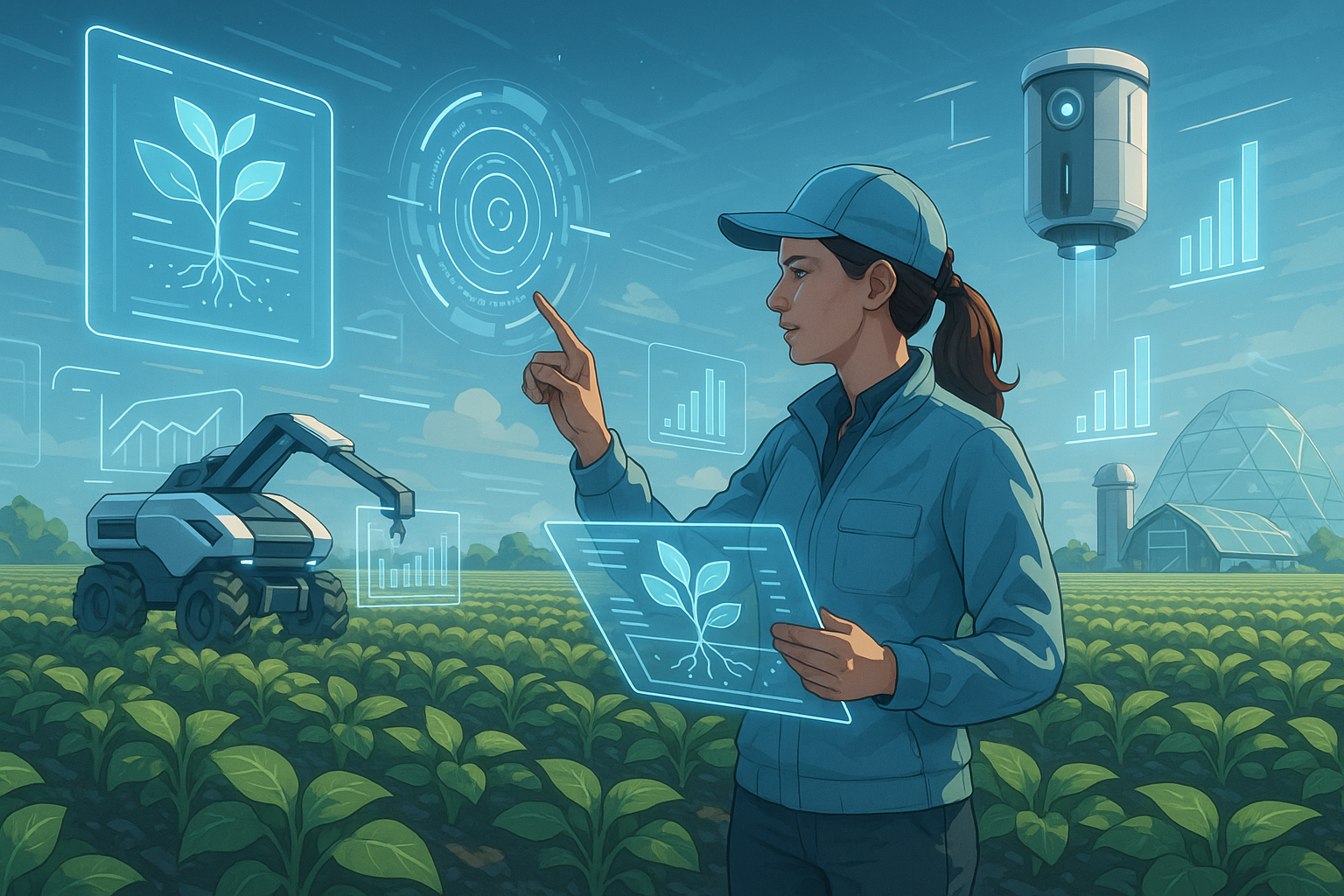 A futuristic vision of agriculture, with advanced technology and automated systems.