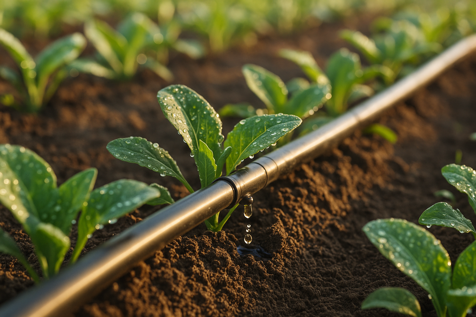 Một hệ thống tưới nhỏ giọt tự động hiện đại, minh họa độ chính xác của việc quản lý nước.