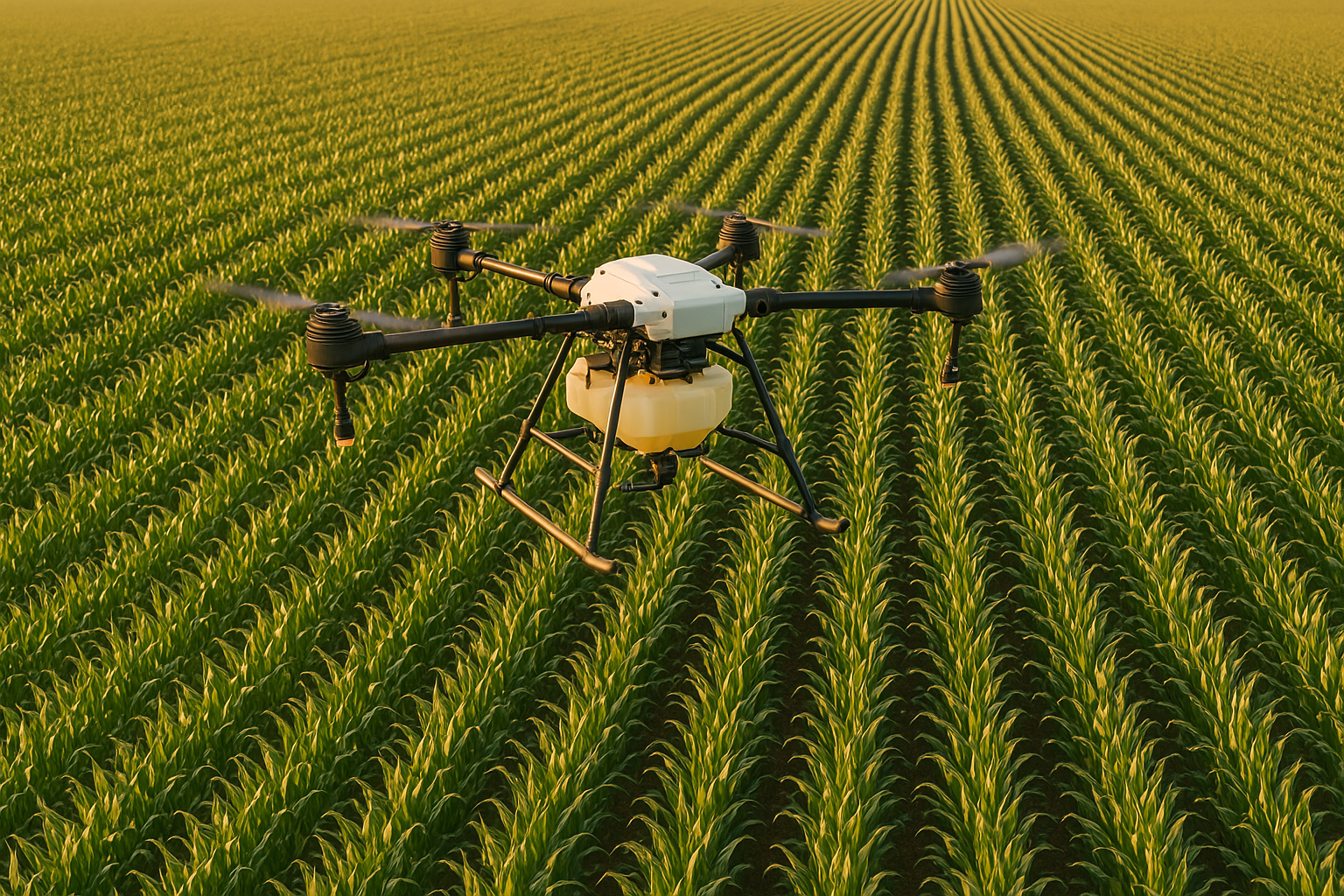 A professional agricultural drone flying over a vast corn field.