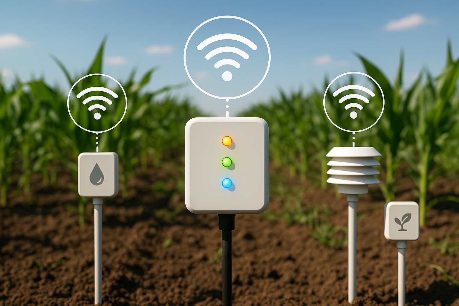 A network of modern IoT sensors installed in an agricultural field, showcasing smart agriculture technology.