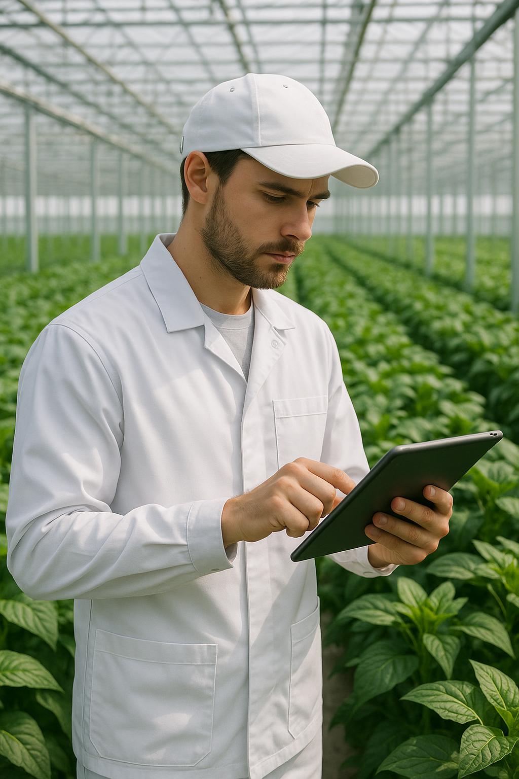 Agricultural worker in modern smart farm greenhouse using tablet computer to monitor crop data, wearing clean work uniform, surrounded by healthy green plants, professional farming operation, technology integration in agriculture, focused and professional atmosphere