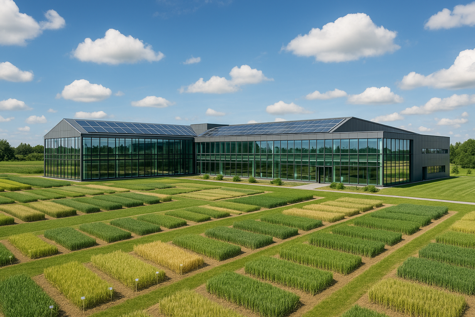 A modern agricultural research center building with experimental crop fields.