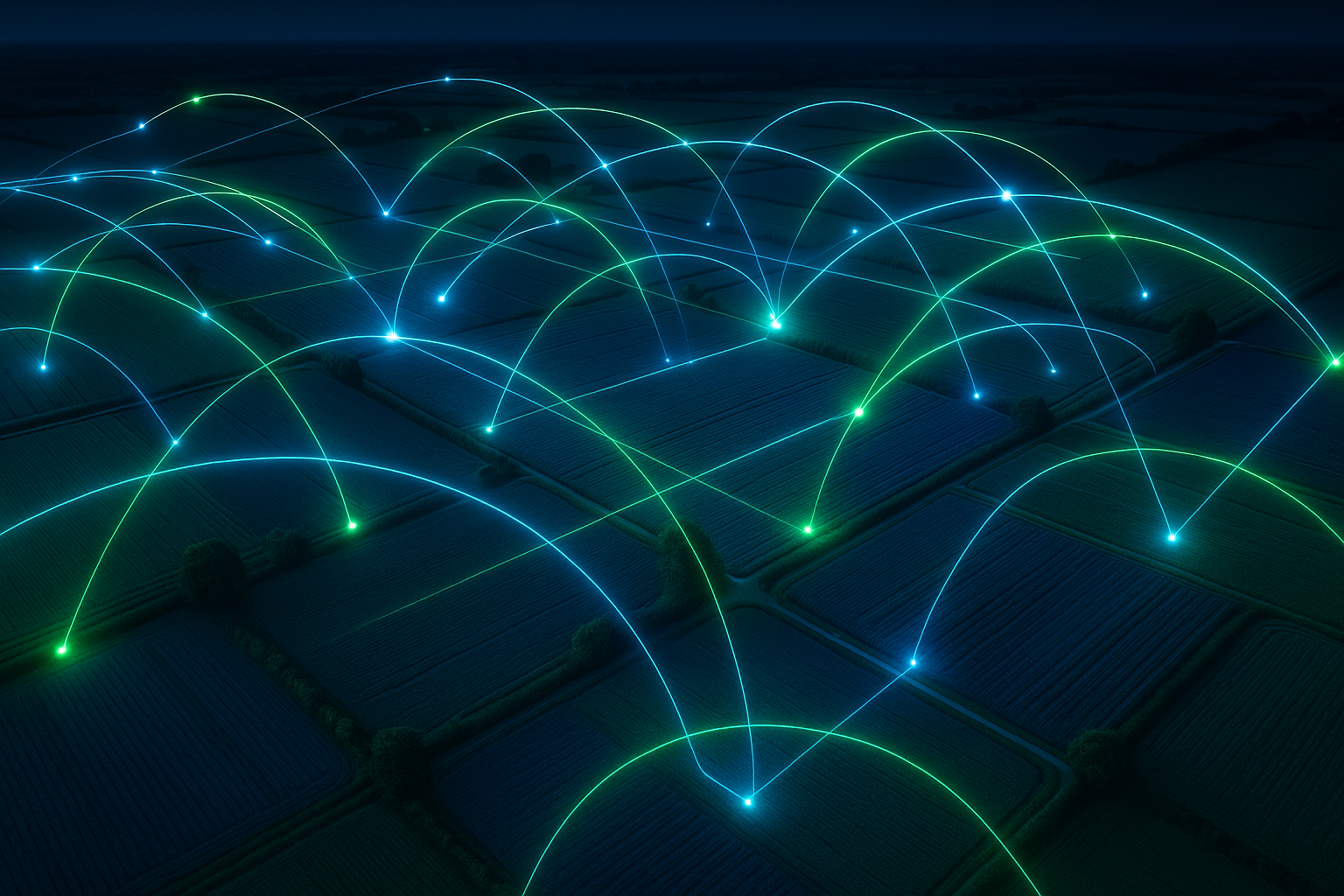A network of glowing data connections overlaying an aerial view of farmland.
