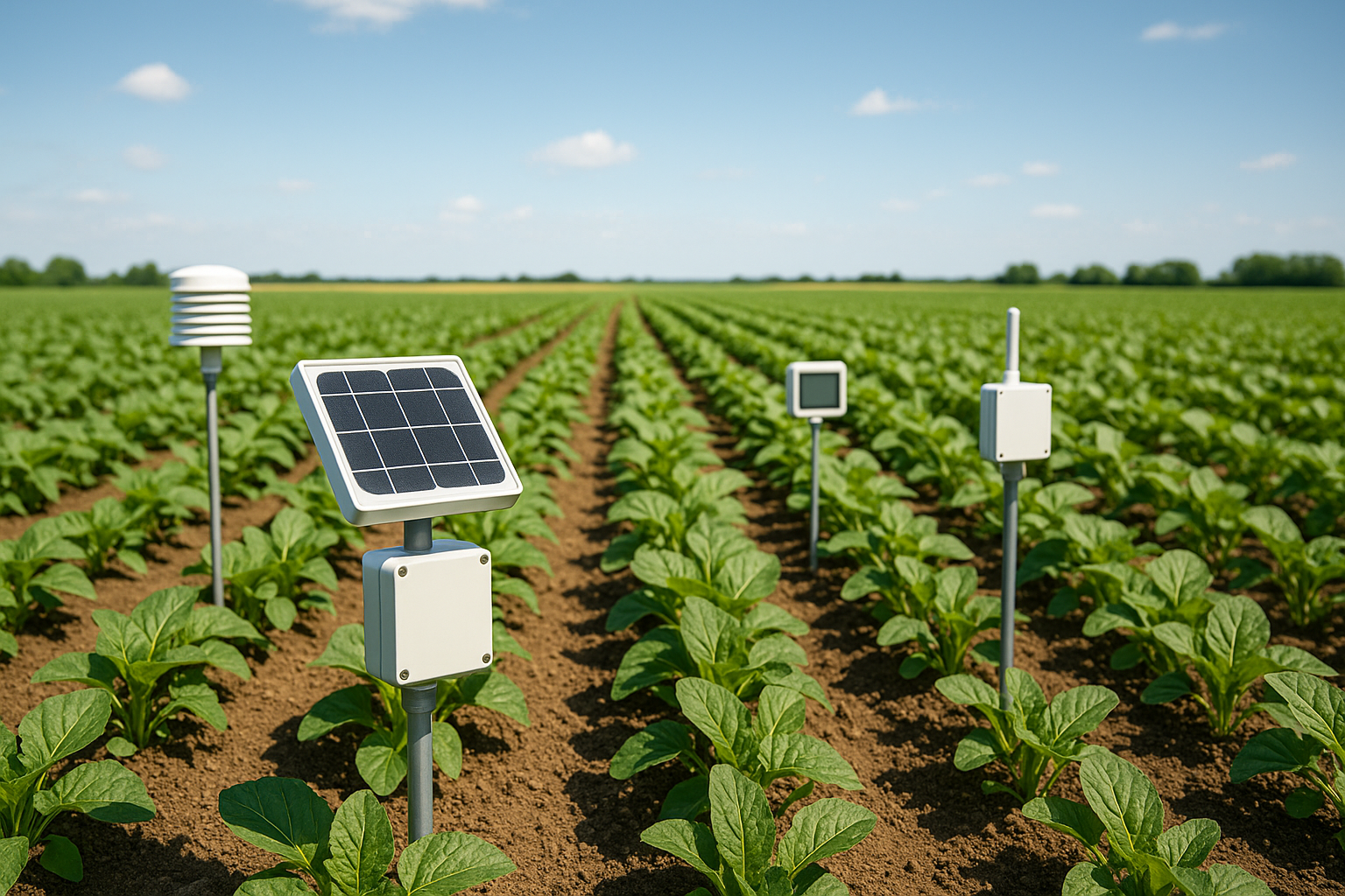 A modern agricultural field with advanced sensor technology, showcasing the integration of technology in farming.