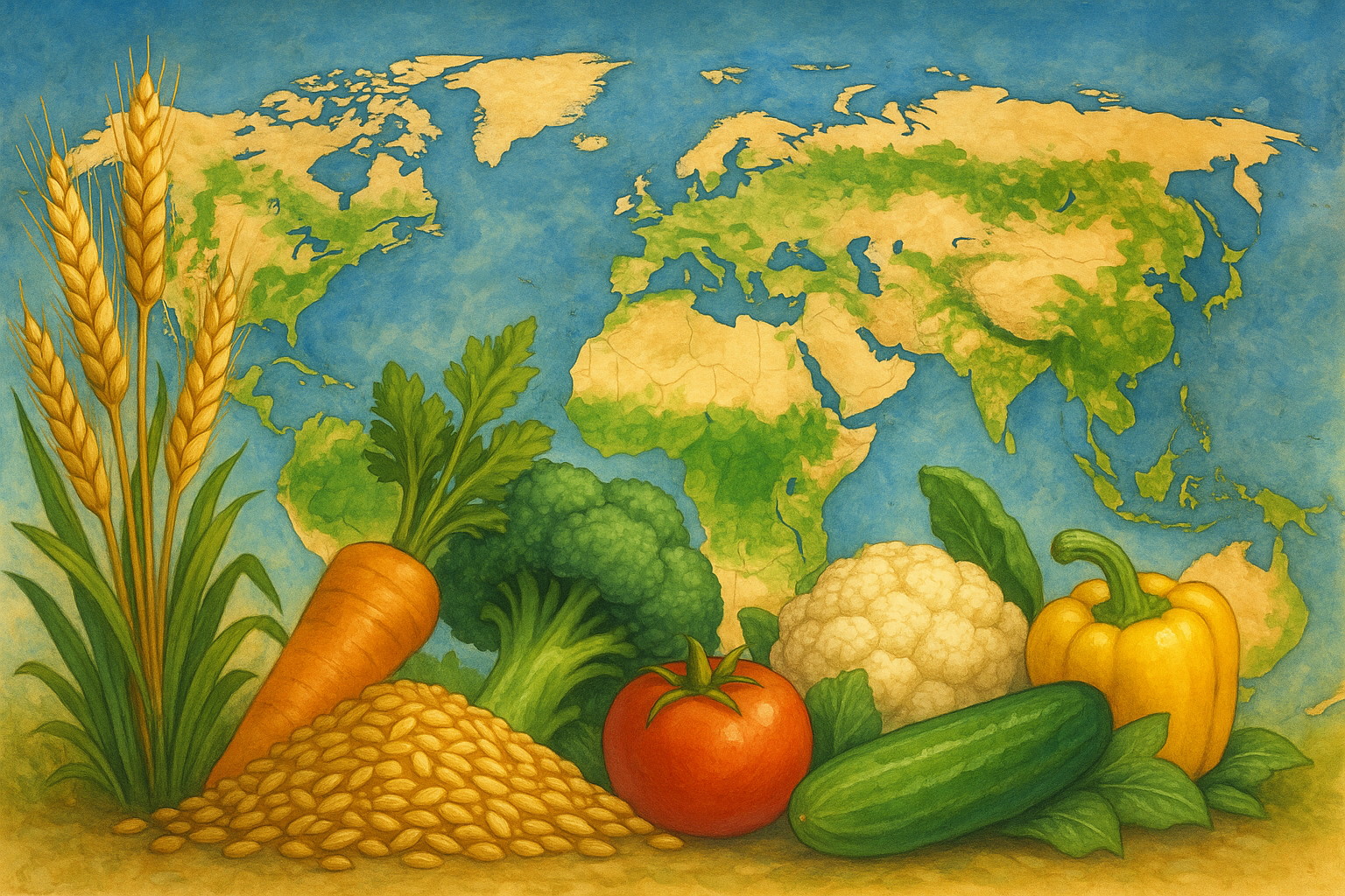 A conceptual image representing global food security, with a world map and abundant crops.