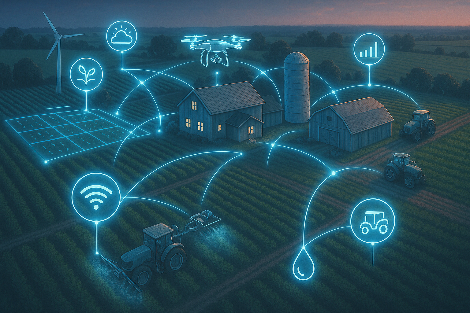 A conceptual illustration of digital farming, showing the interconnectedness of technology in agriculture.