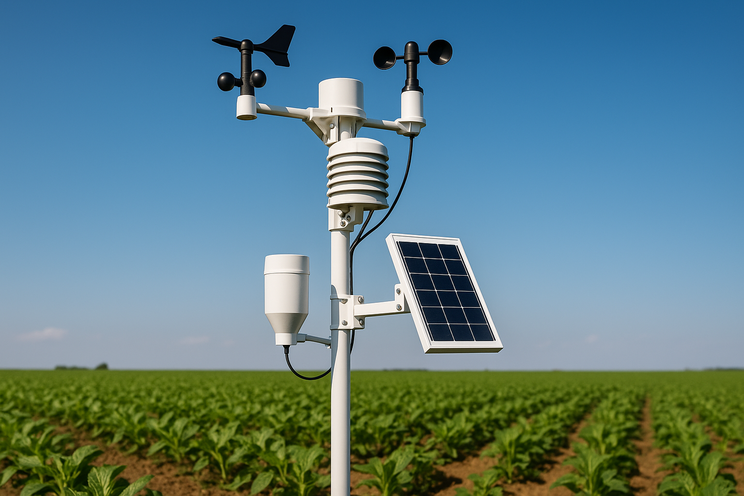 Một trạm thời tiết nông nghiệp trong một cánh đồng trang trại, tượng trưng cho tầm quan trọng của dữ liệu môi trường thời gian thực.