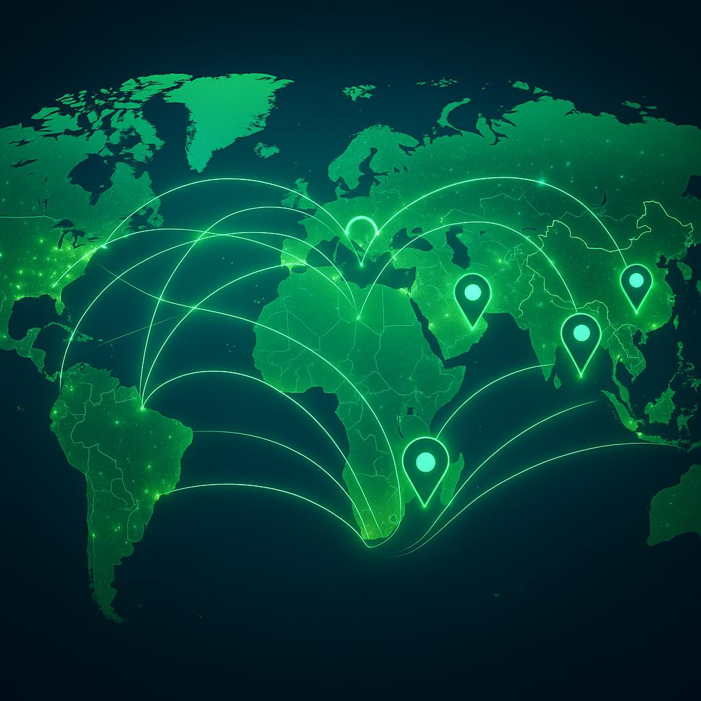 World map with glowing connection lines between countries showing global agricultural network, green and blue color scheme, digital pins marking locations in Asia including Korea and Indonesia, modern technology visualization, international business connections, professional infographic style