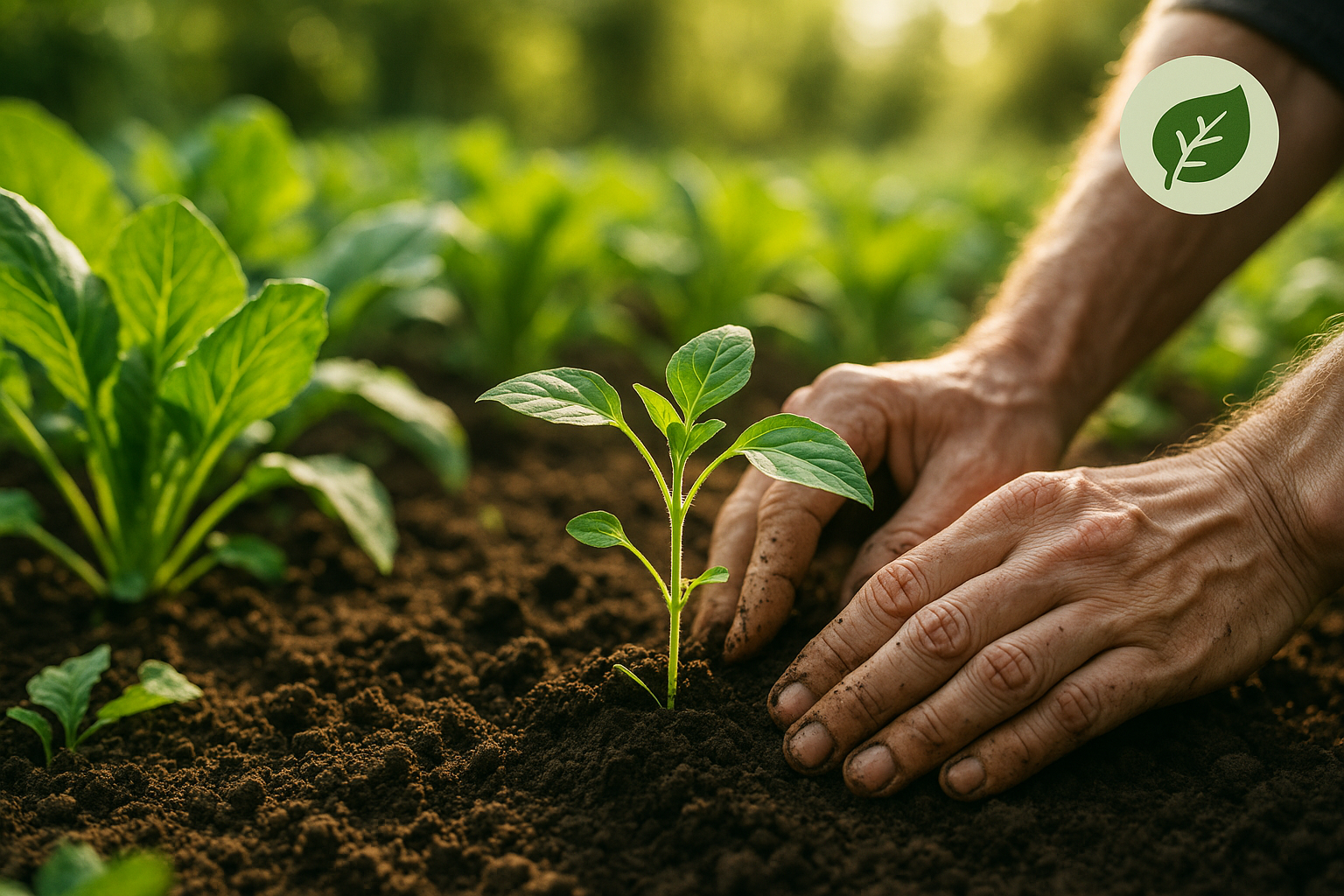 An image representing sustainable agriculture, with hands planting seedlings in rich soil.