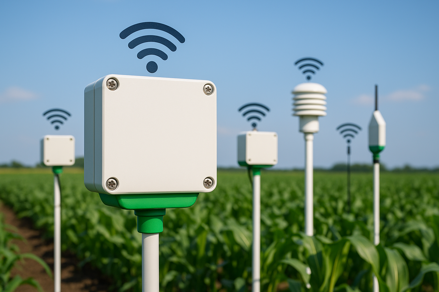A close-up of an advanced IoT agricultural sensor network installation on a farm field.