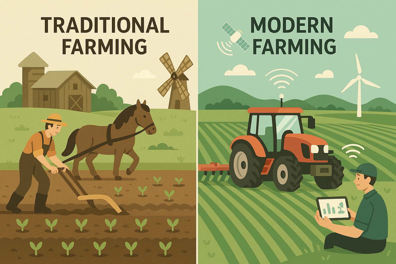 A side-by-side comparison infographic of traditional versus modern farming, highlighting the efficiency gains of technology.