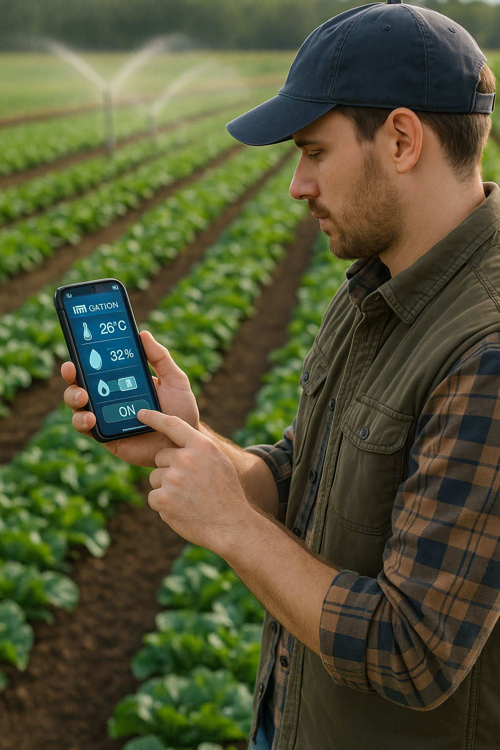 A modern farmer using a smartphone app to control an automated irrigation system.