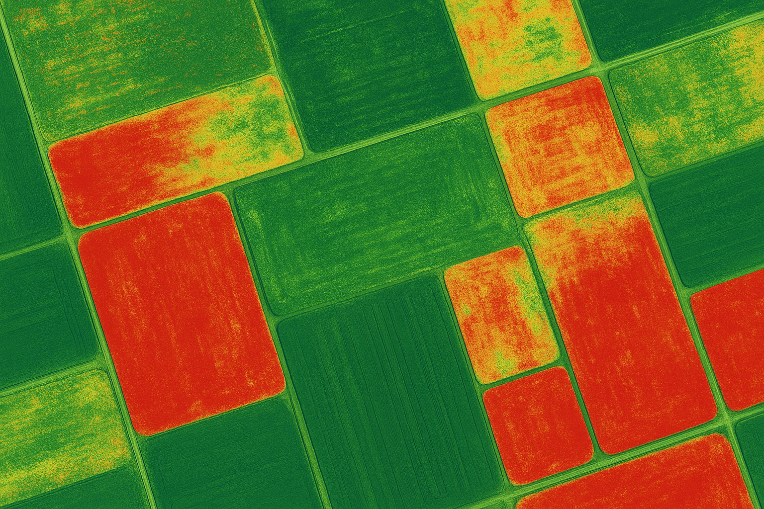 An image of remote sensing satellite imagery, showing the use of aerial data in agriculture.