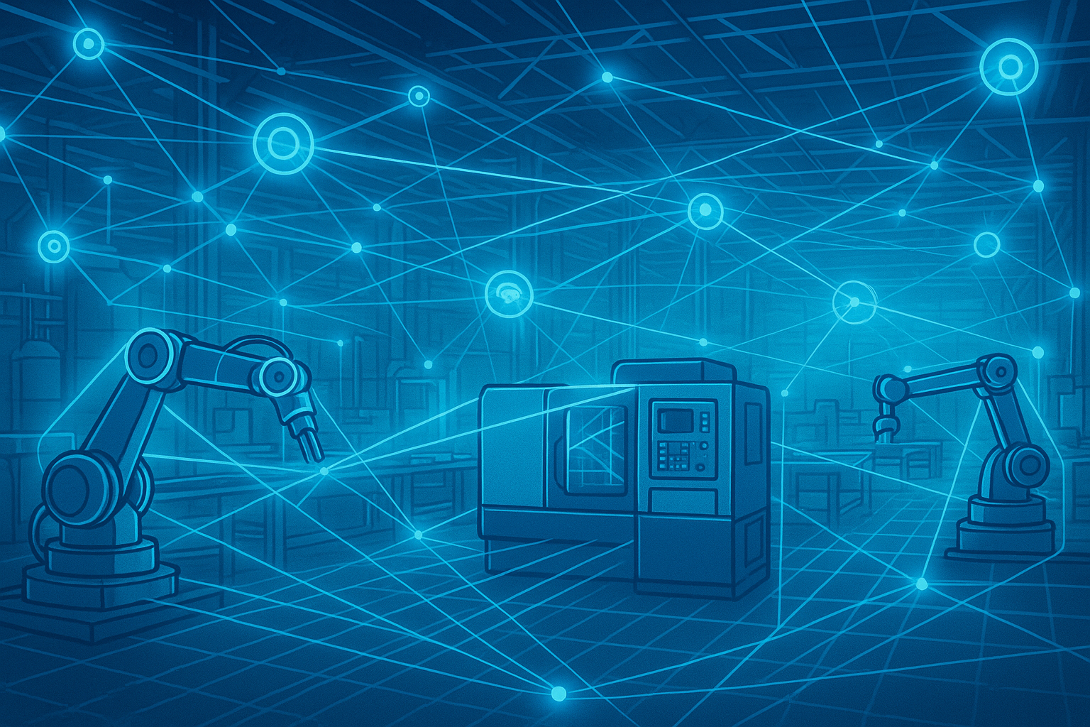 Image of a conceptual visualization of a smart factory network connectivity.