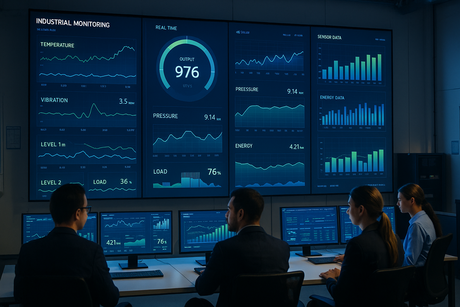 Image of a large industrial monitoring dashboard displaying real-time sensor data.
