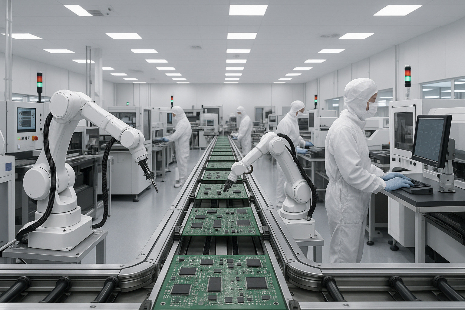 Image of a modern automated production line in an electronics manufacturing facility.
