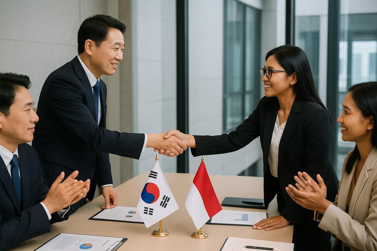 Professional business meeting between Korean and Indonesian agricultural representatives, handshake in modern conference room, flags of South Korea and Indonesia on table, international partnership atmosphere, formal business attire, collaborative spirit, global agriculture cooperation
