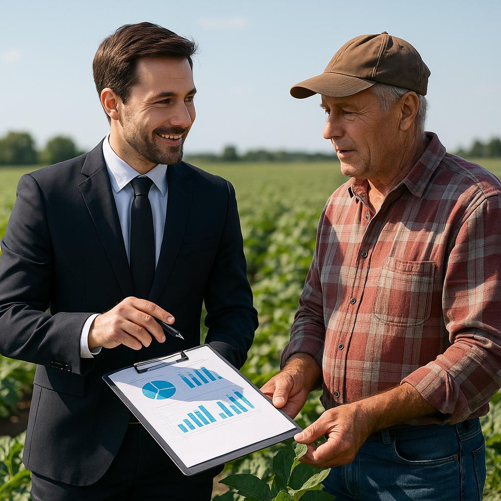 Agricultural consultant in professional attire discussing with farmer in outdoor crop field, holding clipboard with data charts, examining healthy green crops together, sunny day, collaborative farming consultation, professional advisory service, trust and expertise