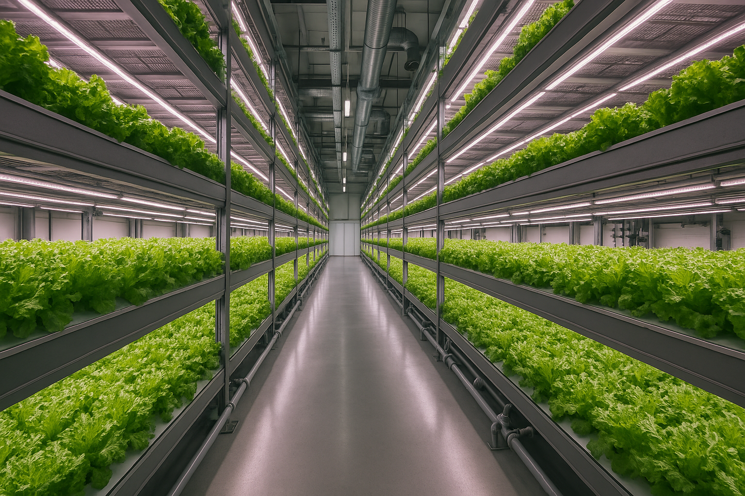 A wide angle view of a high-tech vertical farming facility with LED grow lights.