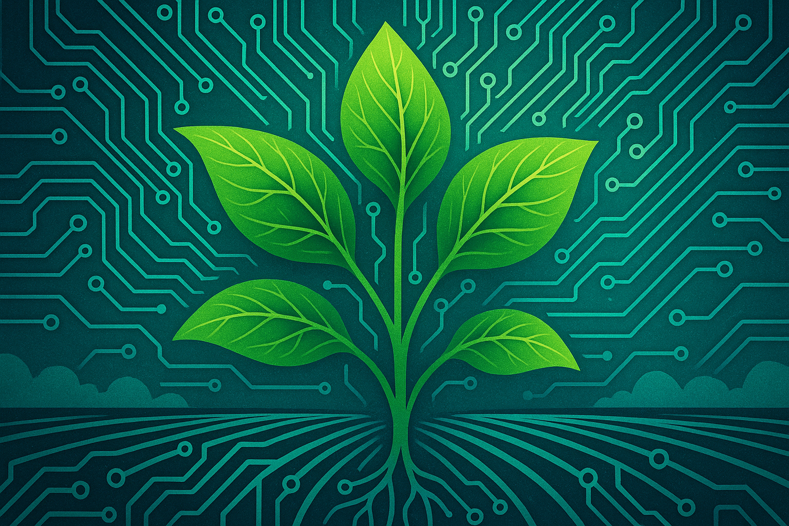 An artistic image showing the harmony between technology and nature in agriculture.