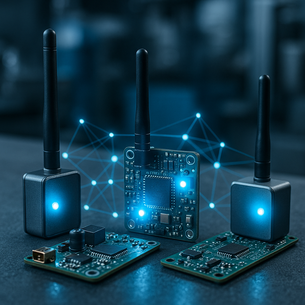 Image of a close-up of IoT sensors and wireless connectivity devices in an industrial setting.