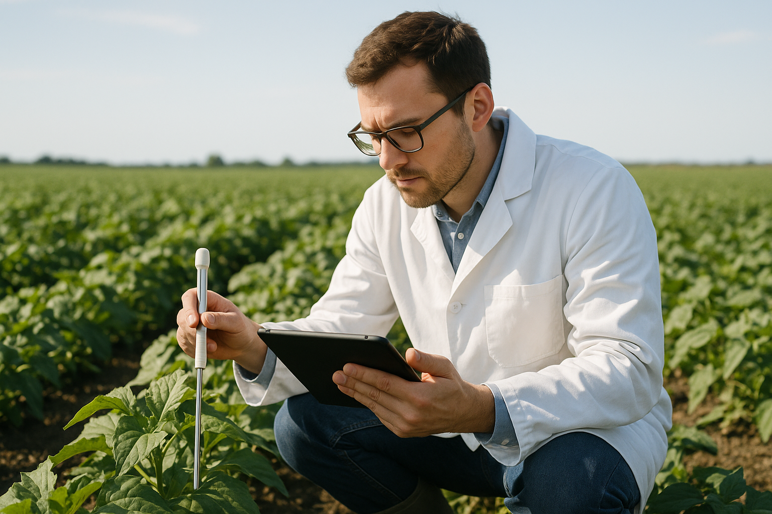A researcher collecting field data, symbolizing the scientific approach to sustainable farming.