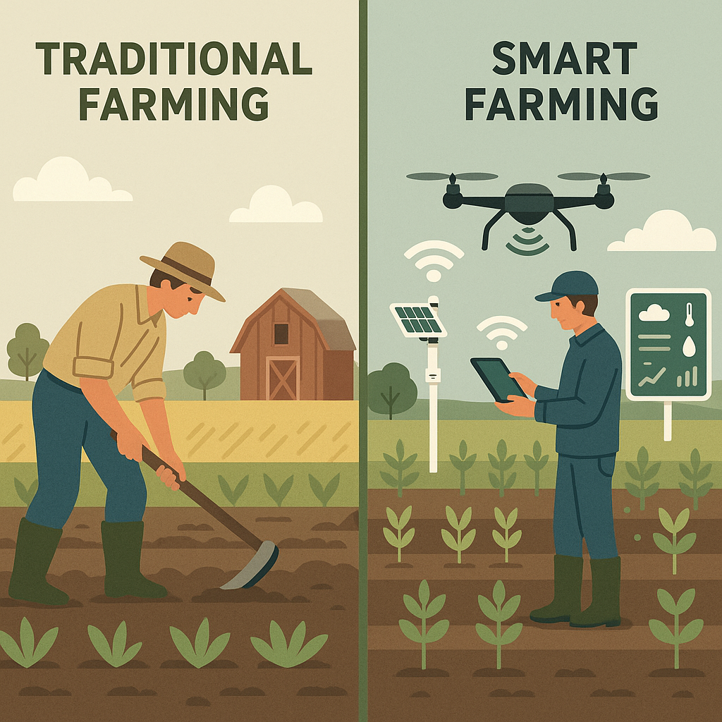 A split-screen comparison showing traditional farming versus modern smart farming.