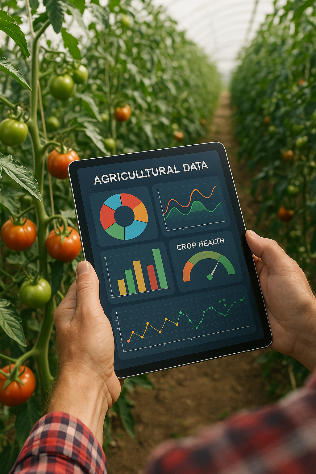 A close-up of a farmer's hands holding a tablet computer showing agricultural data analytics.