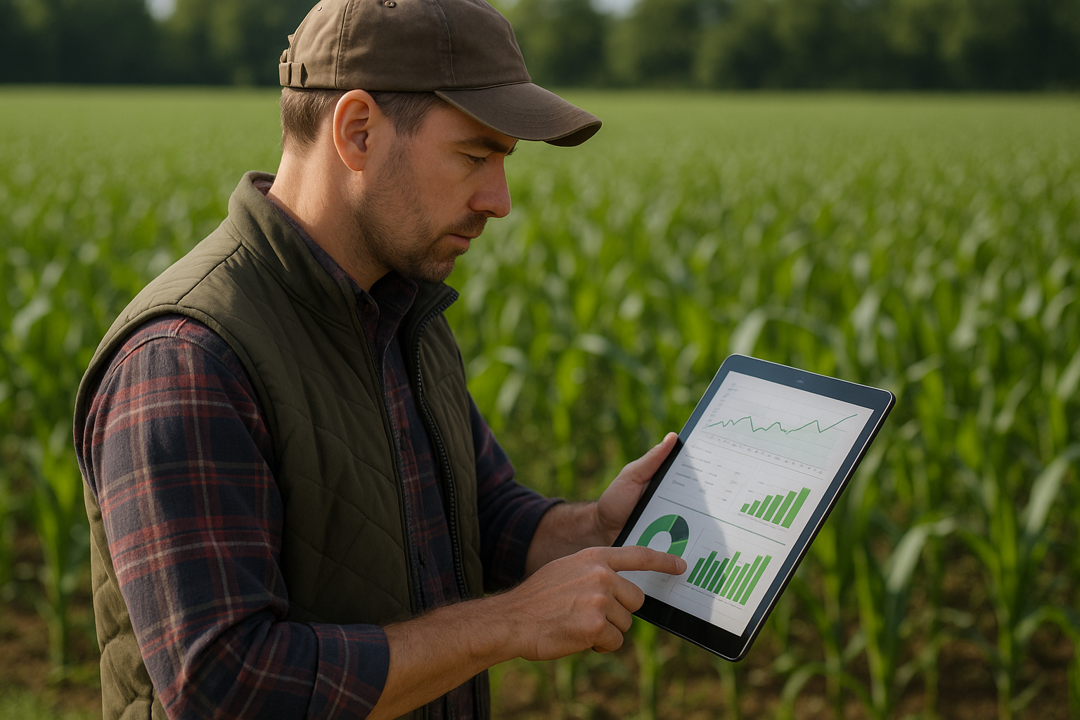 A farmer in a field holding a tablet, checking crop data and analytics on a user-friendly interface.