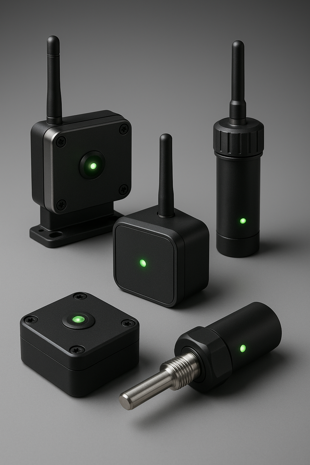 Image of a collection of modern wireless industrial sensors.
