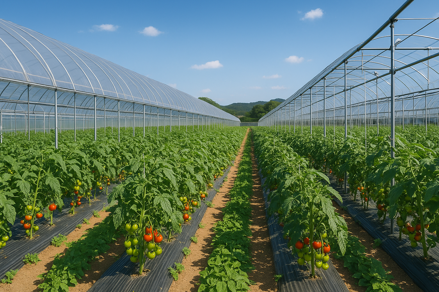Lahan pertanian hijau yang subur dengan latar belakang langit biru