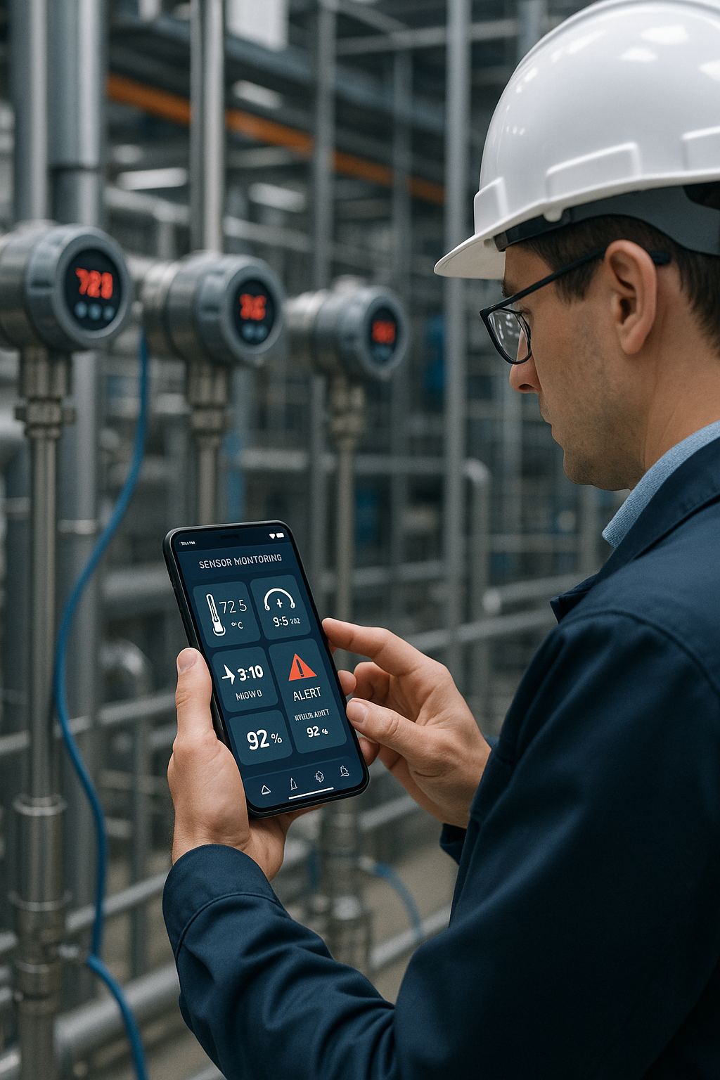 Image of an engineer using a smartphone to monitor industrial sensors remotely.