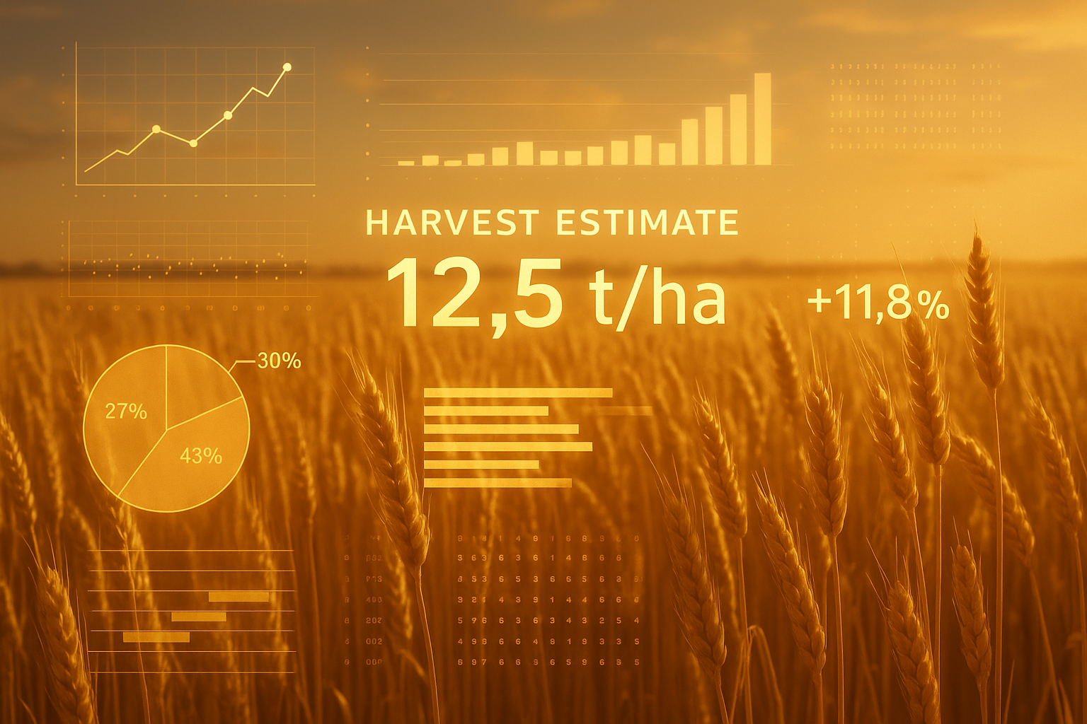A visualization of agricultural yield prediction, with data overlays on a field of crops.