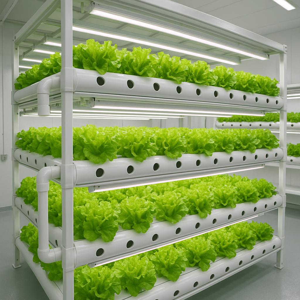 Multi-tier vertical farming system with fresh green lettuce growing in hydroponic channels, white PVC pipes with circular holes, LED grow lights on each level, clean indoor environment, space-efficient urban agriculture, modern sustainable farming technology