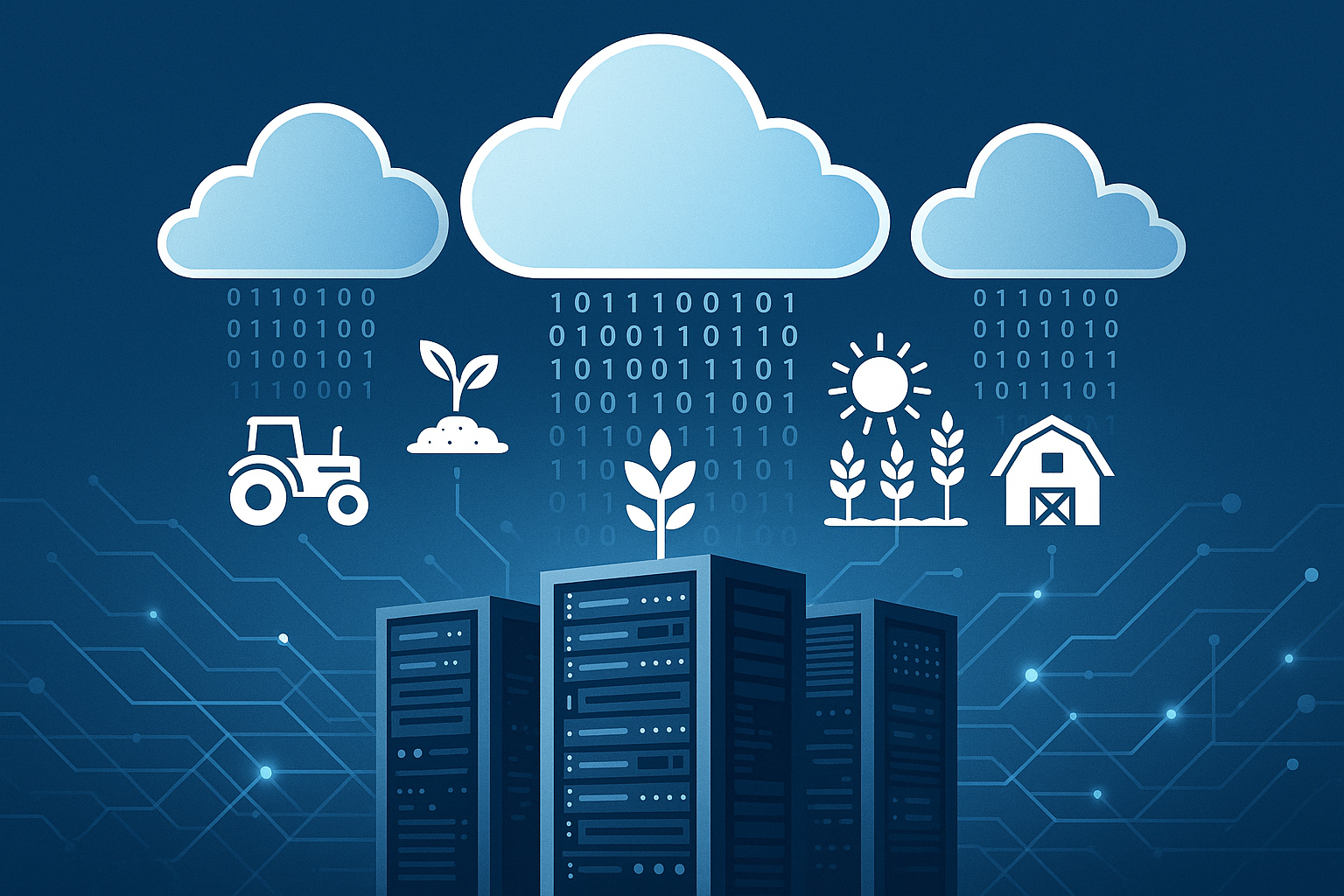 A conceptual illustration of cloud computing for agriculture, showing data flowing from the farm to the cloud.